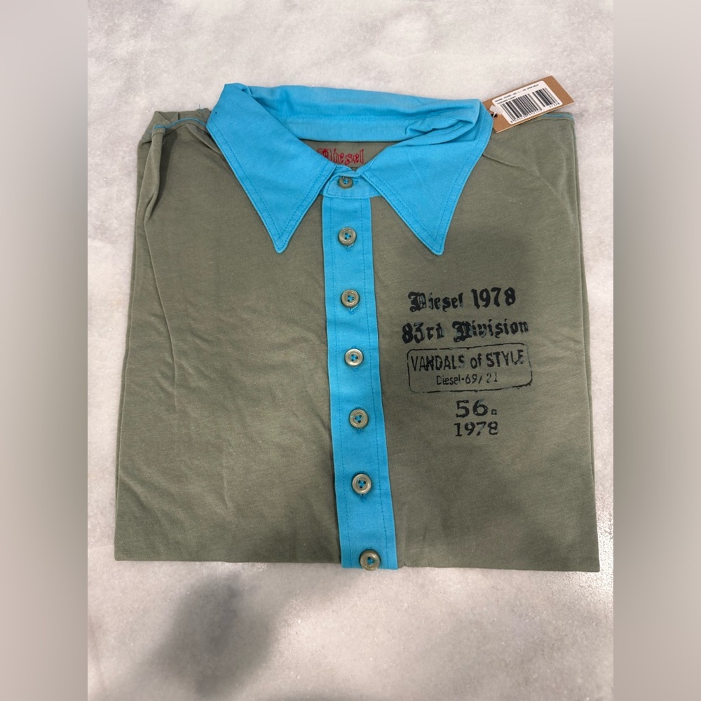 New Diesel Polo Button T-shirt Size Large Men’s Short Sleeve Blue & Gray - Picture 4 of 5